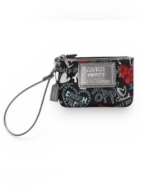 RARE Coach Poppy Wristlet Purse Black Graffiti Hearts Silver Zip Pouch Wallet